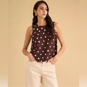 1.STATE Women's Crewneck Sleeveless Polka Dot Brown Top